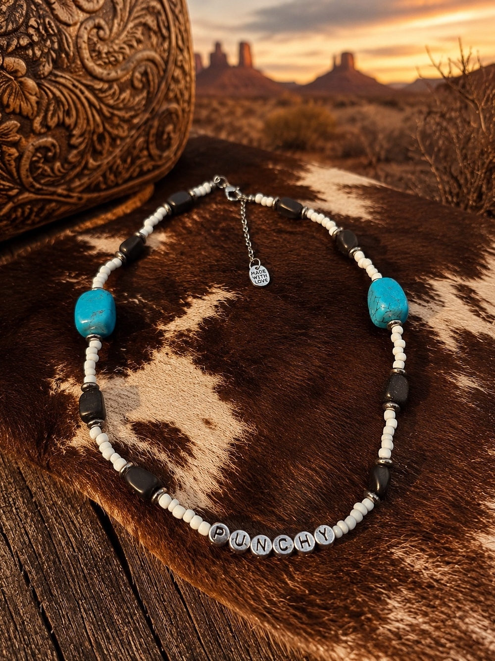 Handmade Turquoise Accent Beaded Necklace with Letter Beads